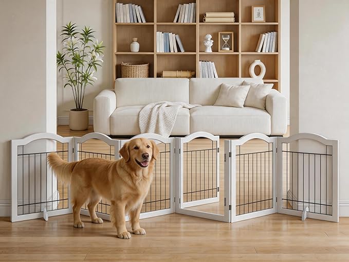 Vantas Folding No-Assembly Dog Door Pet Gate 144" Wide, 30" Tall Wooden Dog Gate with Door Walk Through, Freestanding Wire Pet Gate, Pet Puppy Safety Fence, with 2PCS Support – White