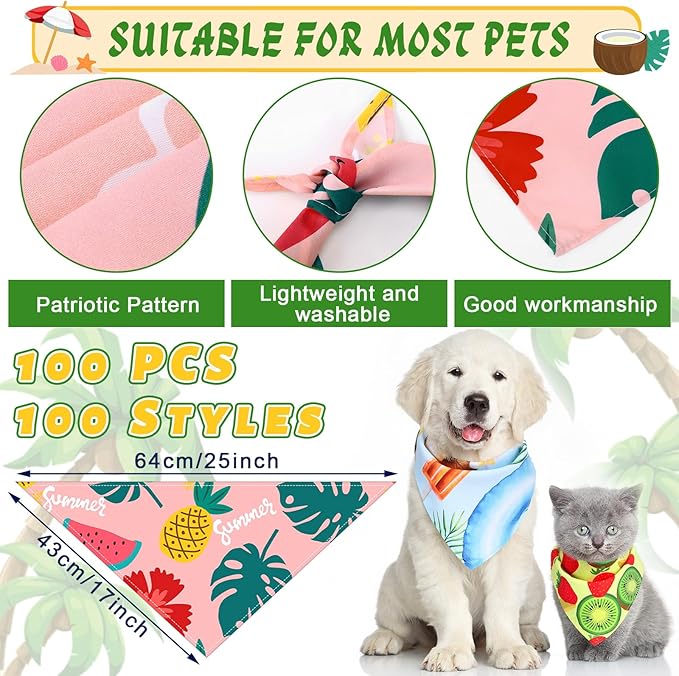 Huhumy 100 Pcs Summer Bandanas for Dogs Colorful Summer Pet Bandanas Bulk Triangle Pet Bibs Scarf for Medium Large Dogs Birthday Holiday Beach Grooming Costume Decor