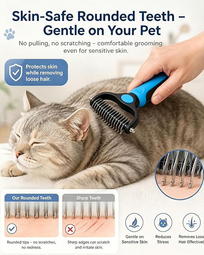 Pet Deshedding Brush for Dogs Cats, 2-in-1 Pet Grooming Tool with Rounded Stainless Steel Teeth & Non-slip Handle, Dual-Head Dematting for Thick Double Coats – Gentle Coat Care (Orange)
