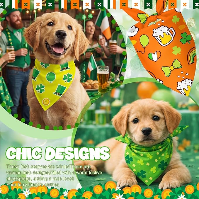 Abbylike 200 Pcs St Patricks Day Dog Bandanas Bulk Green Shamrocks Bandanas for Dogs Triangle Kerchief Bibs Scarf Set for Pet Irish Party Costume Photo Props Accessories Pet Shops Groomer, 25 Styles