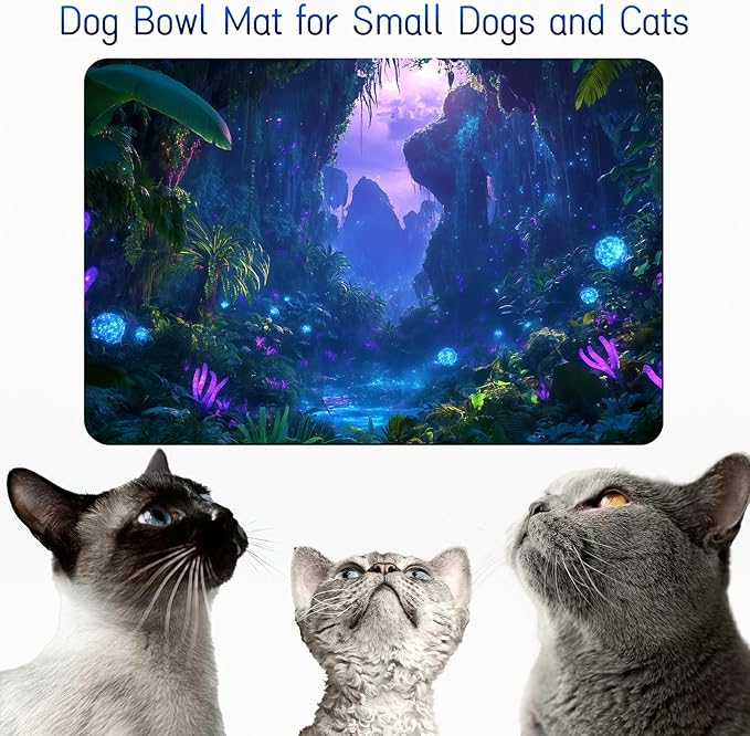 Dog Food Mat, 19.6" x 23.6" Absorbent Pet Feeding Mat for Food and Water, Waterproof Diatom Mud Pet Placemat with Non-Slip Rubber Backing, Easy Clean Cat Bowl Mat for Floors - Purple Forest