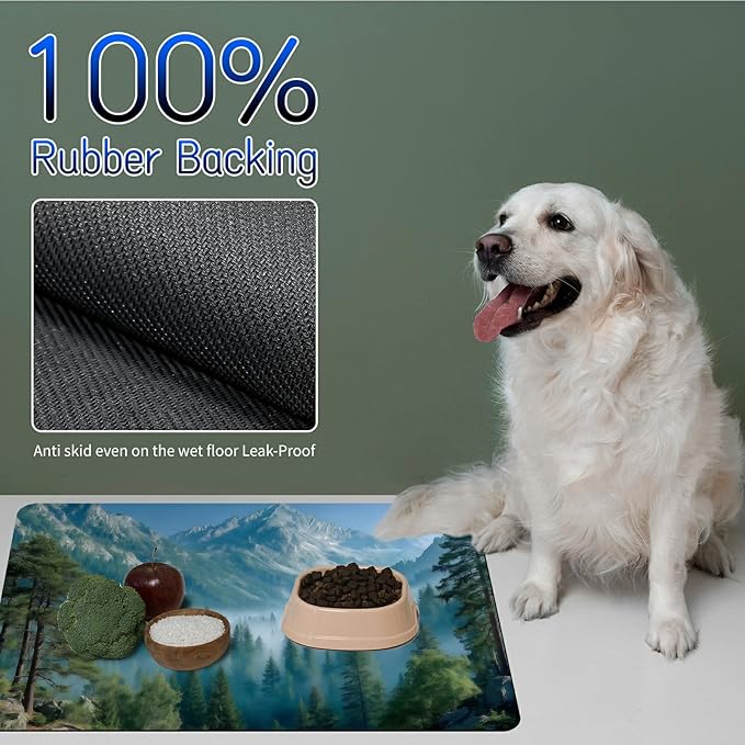Dog Food Mat, 15.7" x 23.6" Absorbent Pet Feeding Mat for Food and Water, Waterproof Diatom Mud Pet Placemat with Non-Slip Rubber Backing, Cat Bowl Mat for Floors - Green Forest Mountains