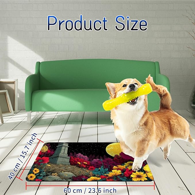 Dog Food Mat, 15.7" x 23.6" Absorbent Pet Feeding Mat for Food and Water, Waterproof Diatom Mud Pet Placemat with Non-Slip Rubber Backing, Easy Clean Cat Bowl Mat for Floors - Dark Flower Moon
