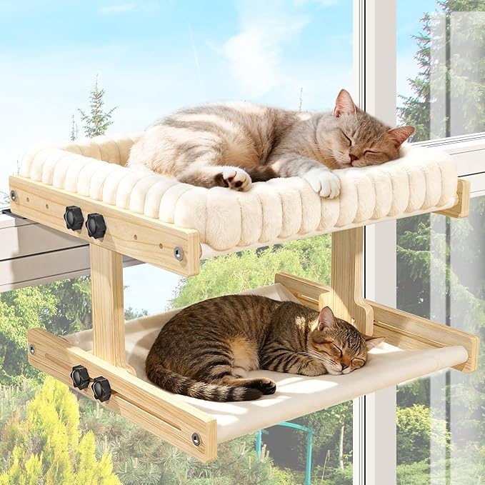 XiaZ Cat Perch for Window Cats Hammock Indoor Bed for Window Adjustable Wooden Frame Bird Watching Sunbathing Space-Saving Double Layer 18 * 16 * 10inch (Small Breeds Recommended)