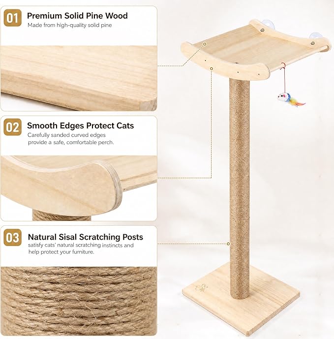 Window Cat Perch with Scratching Posts, 46" Wood Tree Bed for Maine Coon Big Cats Perching and Lounging, Mounted with 3 Strong Suction Cups (Wood Platform)