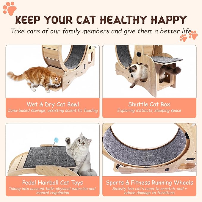 55-inch cat Wheel, 6-in-1 cat Wheels for Indoor Cats, Scratching Board, Detachable mat, Climbing Frame, nest & Toys, Multi-Functional Indoor Pet Activity Center/Walking/Training