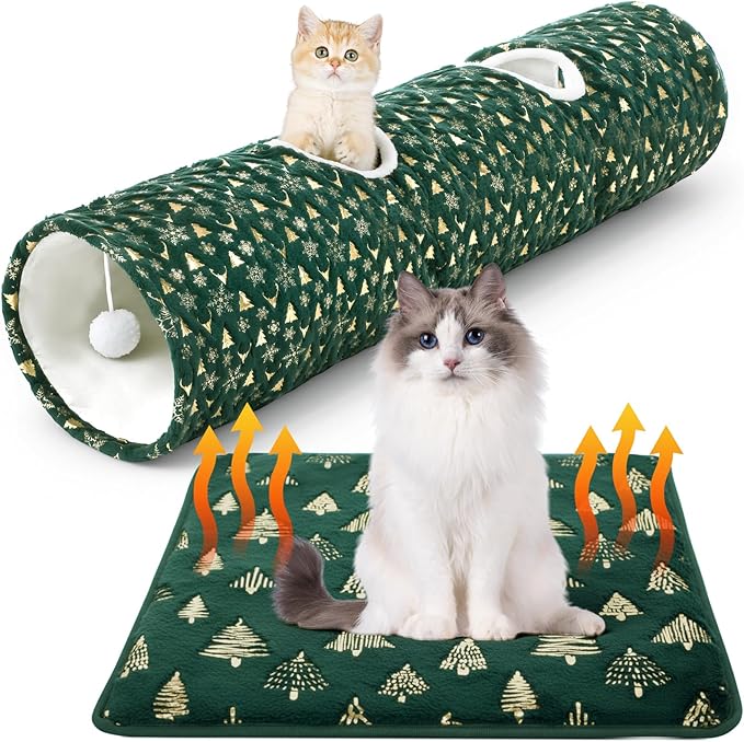 Thyle 2 Pcs Christmas Cat Tunnel for Indoor Cats & Self Warming Pet Bed, 49 ×12 Inch Green Straight Collapsible Pet Tube with Plush Inside Include Balls Peek Hole Xmas Tree Snowflakes Self Heating Mat