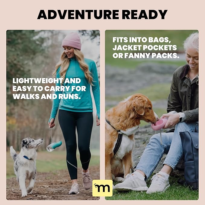 MalsiPree On the Go Dog Water Bottle Dispenser - 12 oz Pink - Leak-Proof Lock & One-Hand Operation - Pet Travel Bottle with Built-in Bowl, for Travel, Trail Hiking, Park Visit, Camping & Beach Days