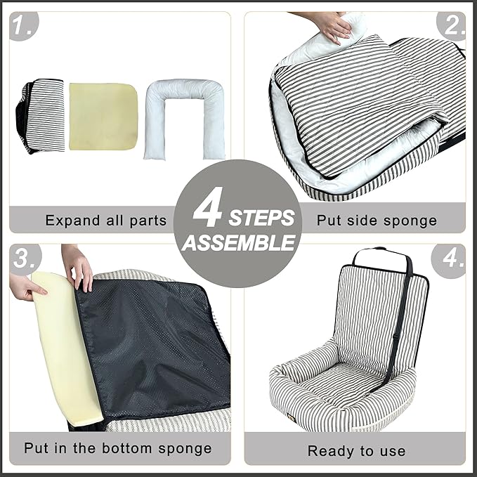Dog Car Seat for Small and Medium Dogs, Booster Seat Sofa Pet Bed, Portable Car Travel Carrier Bed (Grey Stripes,Standard Filling)