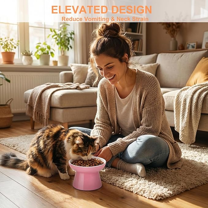 Raised Cat Food Bowl – Ceramic Elevated Cat Bowl for Whisker & Neck Fatigue,Non-Slip & Anti Vomiting Pet Feeder for Kittens to Adult Cats and Small Dogs,Dishwasher Safe(Pink)