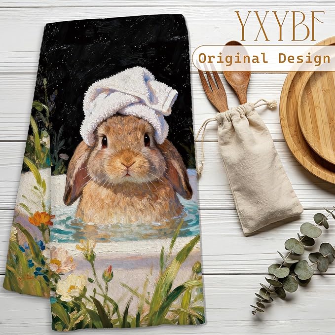Funny Bunny Hand Towels for Kids Bathroom Washroom Decor 16x24 Inches, Gifts for Bunny Lovers, Floral Rabbit Bathroom Hand Tea Towels Decorative