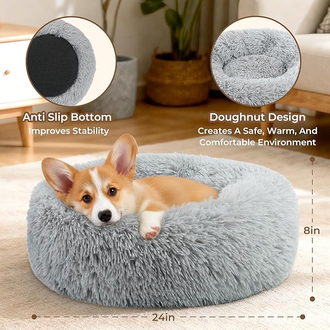 Calming Donut Dog and Cat Bed for Indoor Cats, Anti-Anxiety Round Fluffy Soft Washable Small Medium Pet Bed for Puppy and Kitten, Warming Comfortable Luxury Anti-Slip Waterproof Mute Base 24in Gray