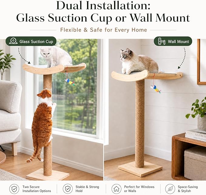 Window Cat Perch with Scratching Posts, 46" Wood Tree Bed for Maine Coon Big Cats Perching and Lounging, Mounted with 3 Strong Suction Cups (Wood Platform)