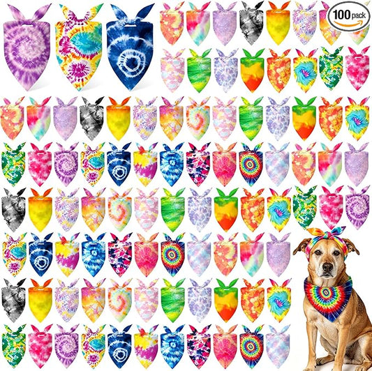 Abbylike 100 Pieces Tie Dye Dog Bandanas Bulk Colorful Hippie Pattern Dog Bandanas for Dogs Triangle Kerchief Scarf Bibs Set for Pets Summer Party Costume Accessories, 25 Styles (25.6 x 17.7 x 17.7)