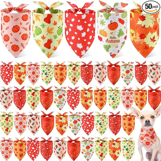 Weewooday 50 Pcs Thanksgiving Fall Dog Bandanas Bulk for Dogs Autumn Soft Bibs Adjustable Triangle Pet Bandana for Small Medium Large Costume(Leaves Pattern, 25.6 x 17.7 x 17.7 Inch)