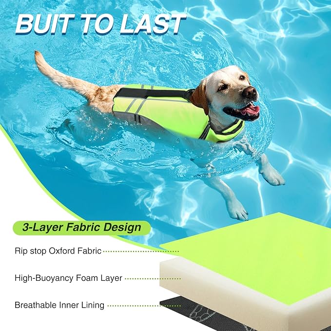 VIVAGLORY Sports Style Dog Life Vest, Dog Life Jacket for Swimming & Boating, Ripstop & Buoyancy for Puppy Doggy, Lifejacket with Handle, XL, Bright Yellow