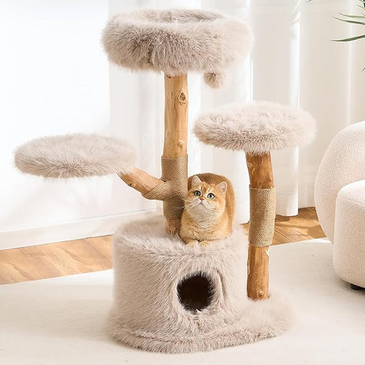 HITTITE Natural Wood Cat Tree Tower with Scratching Post, 40 Inches Tall Modern Cat Tower with Cozy Bed and Condo, Luxury Real Branch Cat Tree for Indoor Cats Large Adult, Khaki.