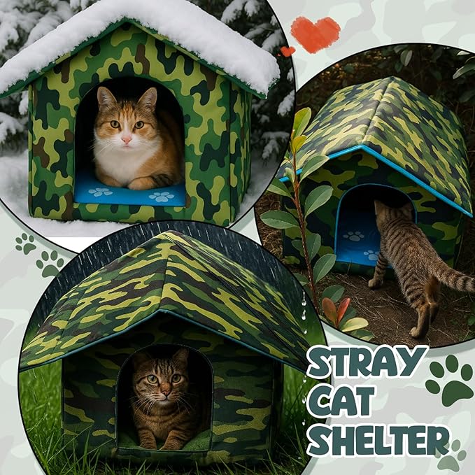 Outdoor Cat House Weatherproof Insulated Feral Cat Shelter Self Heating Pet House with Self Warming Pad Blanket Stake Winter Camouflage Collapsible Pet Shelter 14" x 13" x 12" (S Size)