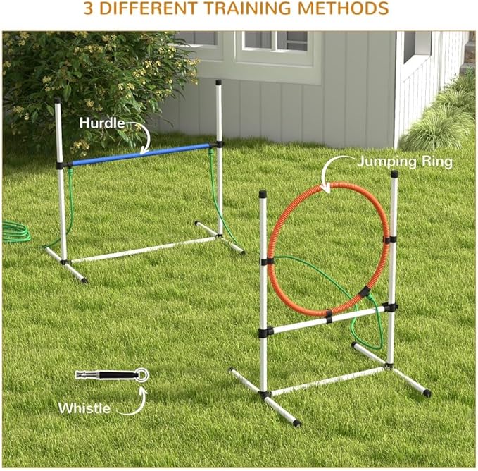3 Piece Dog Agility Training Equipment Set with Adjustable Height Jumping Ring and Hurdle, Spray Water Tube, Carry Bag, Whistle, Dog Obstacle Course for Outdoor,Park,Backyard,Garden (White, 3 Piece)