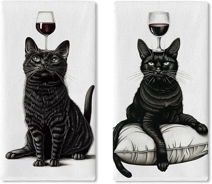 Funny Black Cat Kitchen Dish Towels Set of 2, Red Wine Bar Pub Drying Hand Towel Baking Cooking Cloth, Gifts for Pet Cat Owner Lovers Bathroom Home Decoration 18'' x 26''