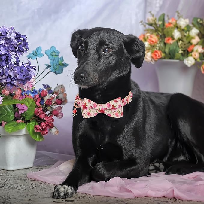 ADOGGYGO Floral Dog Collar with Bow, Red Pink Rose Flower Bow, Metal Buckle, Adjustable Floral Collars for Extra Large Dogs (X-Large)