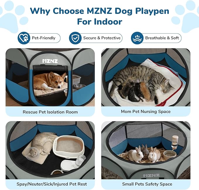 Dog Cat Playpen, Portable Puppy Pet Crate Indoors for Small/Medium Dogs Cats Rabbits, Foldable Dog Cage Enclosure for Outdoor, Pop Up Dogs Tent Kennel with Carrying Case, Grey Blue