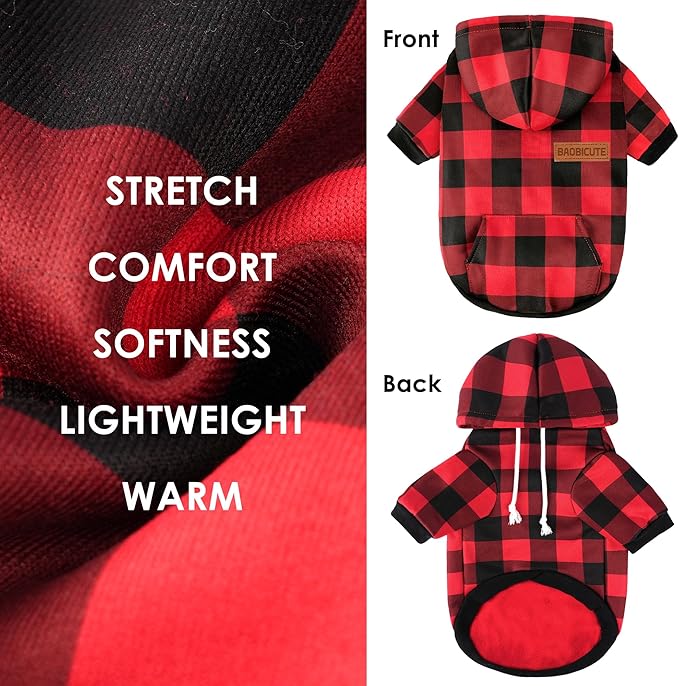 Dog Basic Hoodie Soft Dog Clothes Cold Weather Sweaters for Medium Large Dogs Cozy Fabric Warm Sweatshirt with Leash Hole for Boys (Red Plaid, Small (5-10 lbs))