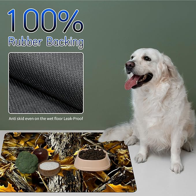Dog Food Mat, 15.7" x 23.6" Absorbent Pet Feeding Mat for Food and Water, Waterproof Diatom Mud Pet Placemat with Non-Slip Rubber Backing, Easy Clean Cat Bowl Mat for Floors - Maple Leaf Trees