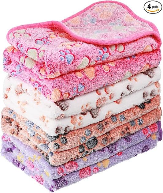 Tatuo 4 Pack Fleece Dog Blankets for Puppy Cats Multi-Size Sleep Mat for Pet Guinea Pig Soft Washable Warm Crate Bed Puppy Teething Toys Print Pattern Blanket Indoor(Mixed Color,41 x 30 Inch,Paw)