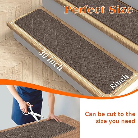 Stair Treads for Wooden Steps 15 PCS - 8’’ x 30’’, Non Slip Stair Runner, Machine Washable Stair Rugs Strips for Kids Pets and Elderly, Indoor Carpet for Stairs (Brown)