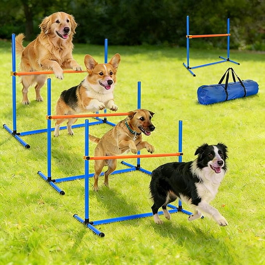 4 PCS Dog Agility Course Equipment, Adjustable Jump Bars Obstacle Training Supplies PVC Puppy Exercise and Coordination Training Kit with Carry Bag for Indoor Outdoor Use(Blue)