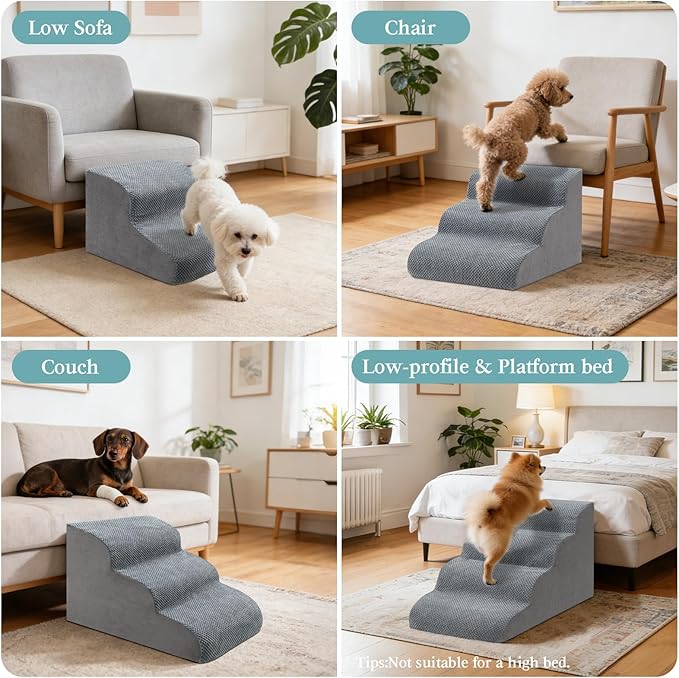 Dog Stairs for Small Dogs, 4-Step Dog Steps for Couch Sofa and Low-Profile & Platform Bed, High-Density Foam Pet Steps Ramp with Removable Washable Cover for Older Injured Dogs Cats, 15.75" H, Grey
