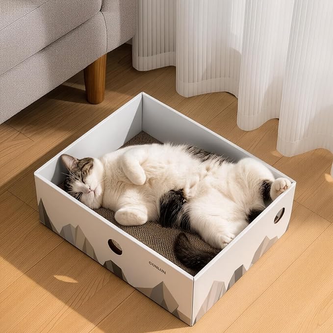 Conlun Cat Scratcher Box with 3-Layer Corrugated Pad, Heavy-Duty Double-Sided Cardboard Scratching Board & Bed, Checkered Design, for Cats,Jumbo
