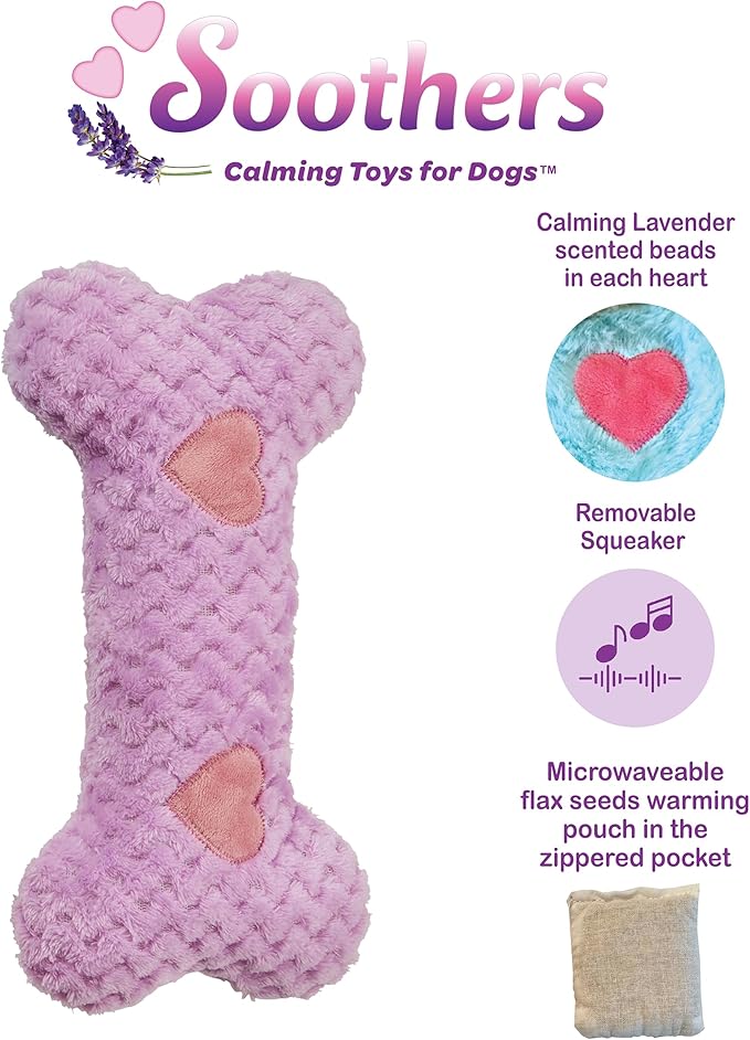 SPOT Soothers Warm Hug Bone - Calming Plush Dog Toy with Lavender Scented Beads, Removable Squeaker, Microwavable Warming Pouch, Separation Anxiety Relief, for Small to Medium Dogs and Puppies, 9in