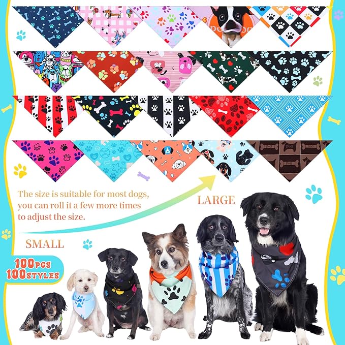 Huhumy 100 Pcs Paw Dog Bandanas Bulk Pet Bibs Colorful Triangle Scarf Paw Pattern Pet Bandanas for Medium Large Dogs Holiday Summer Birthday Costume Decor