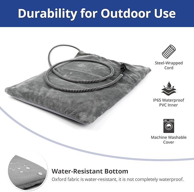 Outdoor Heated Cat Bed, Soft Pet Heating Pad with Steel-Wrapped Cord, Outside Pet Warmer for Feral Cats and Dogs, 19.7" x 15.7", 40 Watts