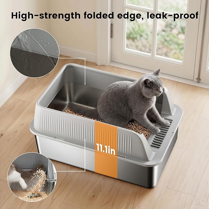 Stainless Steel Sifting Litter Box for Pine Pellets, Sifting Cat Litter Box with Sifter, High Side for Small Cats, Anti-Leakage, Odor Control, Includes Scooper, 22.4" x 14.6" x 11"