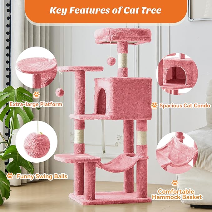 Sweetcrispy 44 Inch Cats Tree Tower, Cat Climbing Tower with Natural Sisal Scratching Posts, Hammock, Pet Condo for Indoor Cats and Kittens Play, Pink