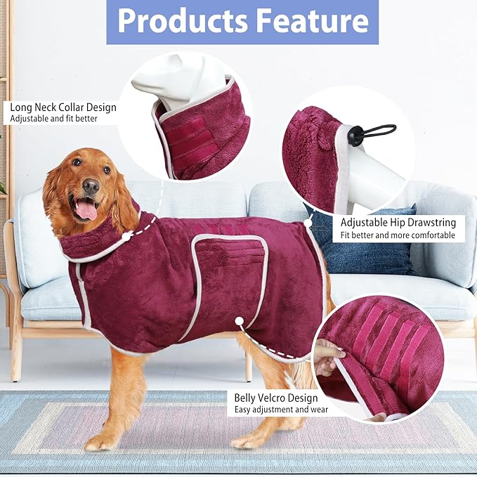 Dog Bathrobe Towel Dog Drying Coat - Super Absorbent Bath Robe for Drying Dogs Large, Soft Adjustable Collar & Belly Strap Fast Drying Coat Pet Dog Cat Bath Robe Towel (Blue, X-Large)