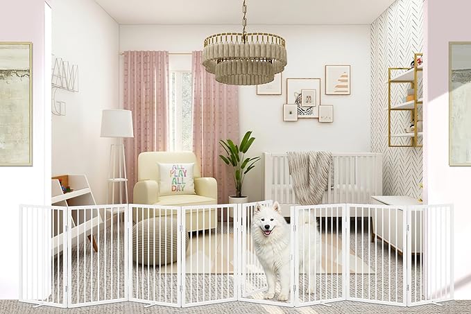 Vantas Folding No-Assembly Metal Pet Gate 160" Wide, 32" Extra Tall Dog Gate with Door Walk Through, Freestanding Accordion Puppy Gate Dog Door for Indoor & Outdoor, with 4PCS Support - White