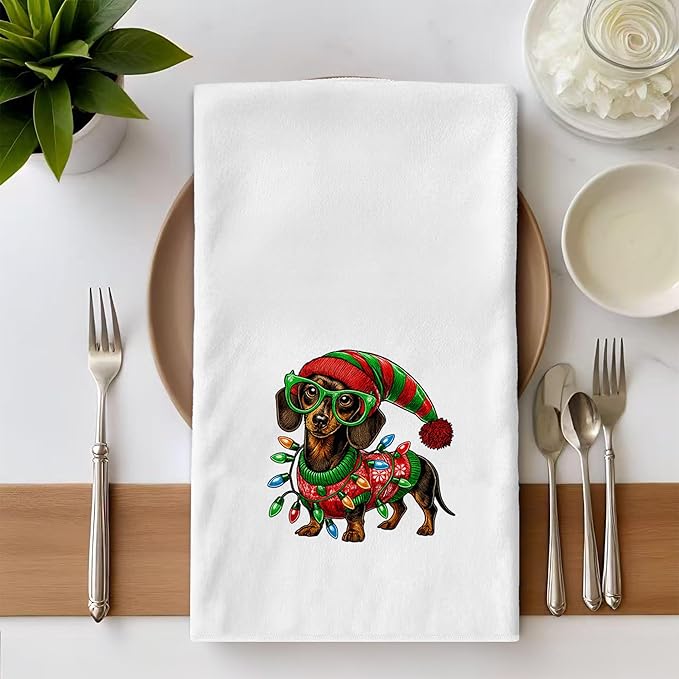 Dachshund Christmas Kitchen Towels - Funny Wiener Dog Navidad Decor, Dachshund Lovers Gifts, Sausage Dog Christmas Hand Towels Dishcloth for Kitchen Bathroom Decorative, 16x24 Inch