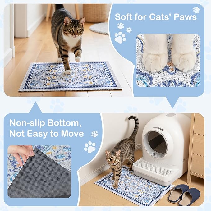 Cat Litter Mat Trapping Rug 24"x15",Litter Box Mat for Floor, Non-Slip Waterproof Backing, Soft Mesh Easy to Clean Pet Mat for Cat, Blue Yellow