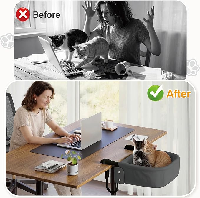 Cat Desk Bed for Large Cats 50 lbs Heavy Duty Cat Bed for Desk Attachment with Paw Design Extra-Sturdy Dog Chair Dual-Sided Mat Waterproof Easy Assembly for Gaming Desk Kitchen Island Gray