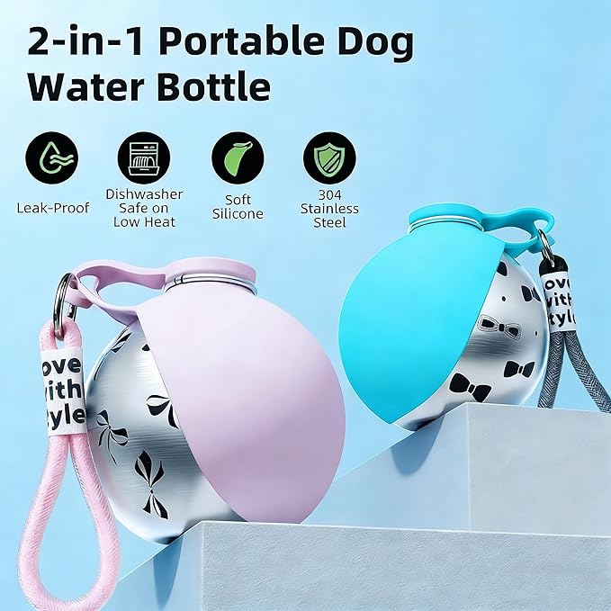 2 in 1 Portable Dog Water Bottle with Foldable Silicone Bowl, 10 Oz Travel Water Bottle for Dogs Drinking, Leakproof Stainless Steel Pet Water Bowl for Outdoor Walking Hiking Camping (Blue no Print)