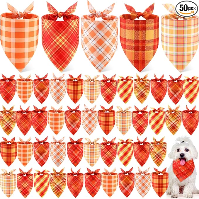 Weewooday 50 Pcs Thanksgiving Fall Dog Bandanas Bulk Plaid Bandanas for Dogs Autumn Soft Doggie Bibs Triangle Scarves for Small Medium Large Pet Costume(Plaid Pattern, 19.7 x 13.8 x 13.8 Inch)