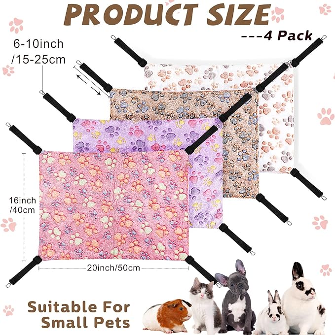 Geelin 4 Pcs Cat Hammock for Cage Soft Hanging Pet Hammock Bed with Adjustable Straps and Metal Hooks Double Sided Bed for Large & Small Cats Ferret Rat Sugar Glider(Paw,16 x 20 Inch)