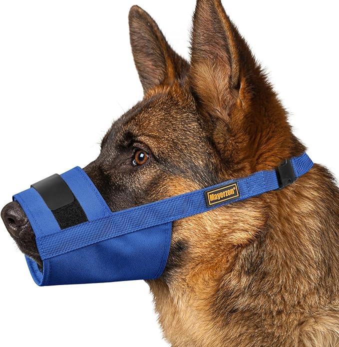 Mayerzon Dog Muzzle for Large Medium Small Dogs, Adjustable Fit, Soft & Sturdy Fabric, Prevents Fierce Barking Biting Chewing, Ideal for Grooming Walking Vet Visits, Allows to Pant Drink (Blue, M)
