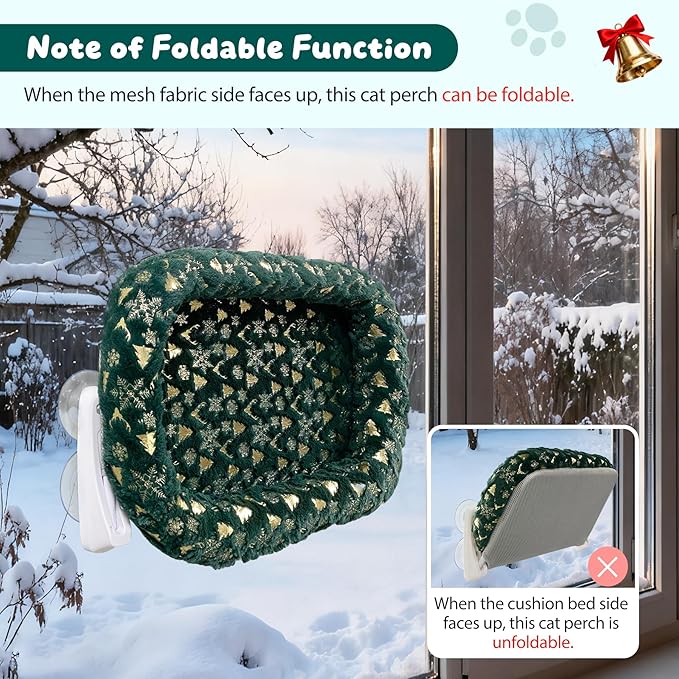 L&W BROS. 2-Pack Foldable Cat Window Perches with Christmas Cushion Bed Easy to Assemble Cats Hammock for Window, Warm Indoor Cat Beds for Large Cats, Edition(L Green)