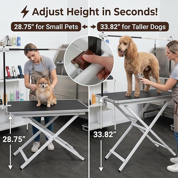 ApexDesk ProPaw Series 46" x 24" Dog Grooming Table, Foldable Heavy Duty Steel Frame, Adjustable Height (28.75"/33.82"), Height-Adjustable Grooming Arm, Non-Slip Waterproof Top, 260 lb Capacity