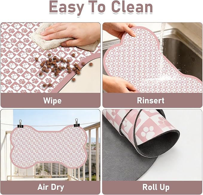 Pet Mats for Food and Water, Pink Bone Dog Food Mat for Floors, Non Slip Indoor Quick Dry Cat Bowl Feeding Mats (15.7” X23.6”)